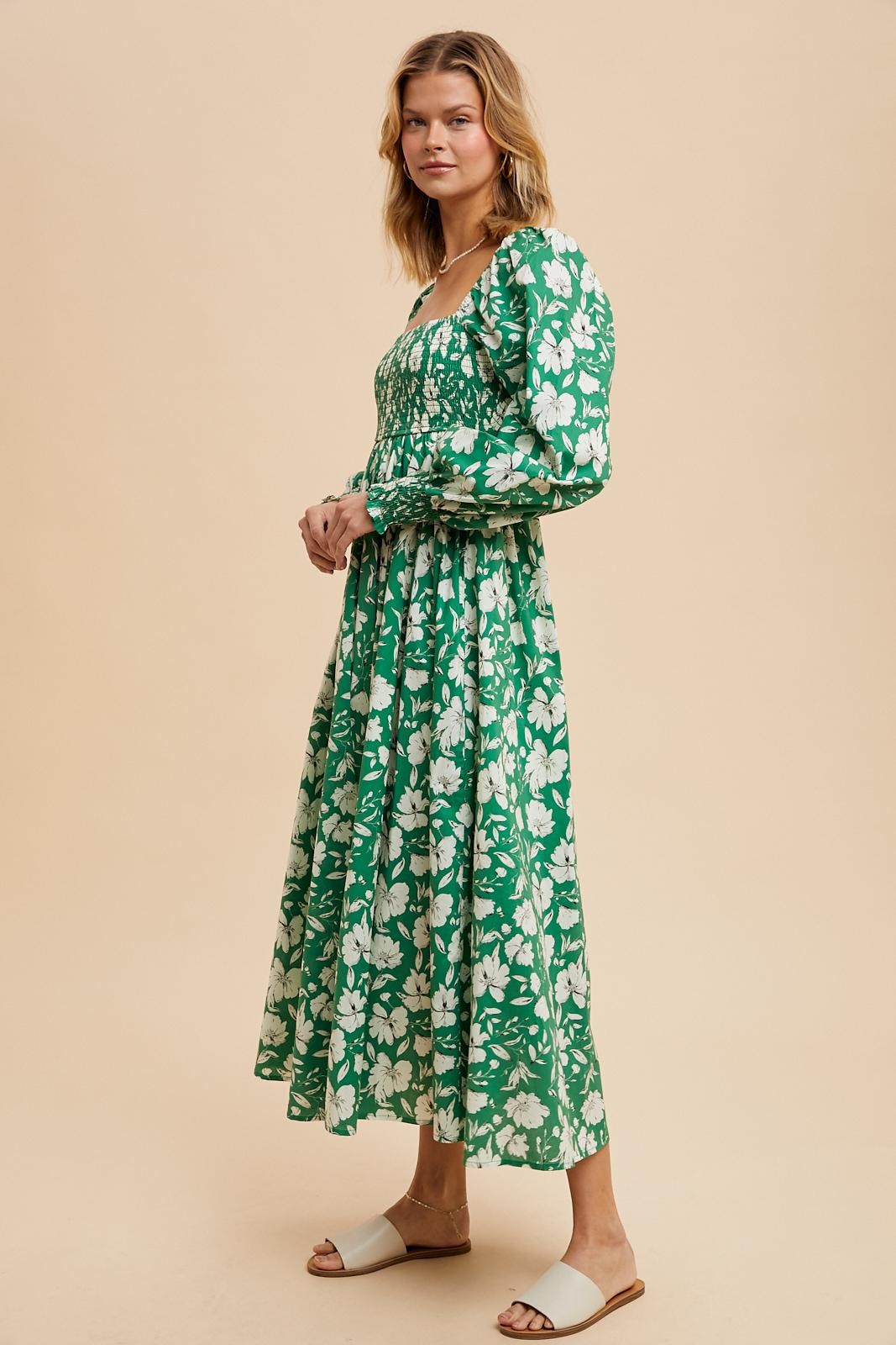 Green Smocked Cotton Floral Maxi Dress
