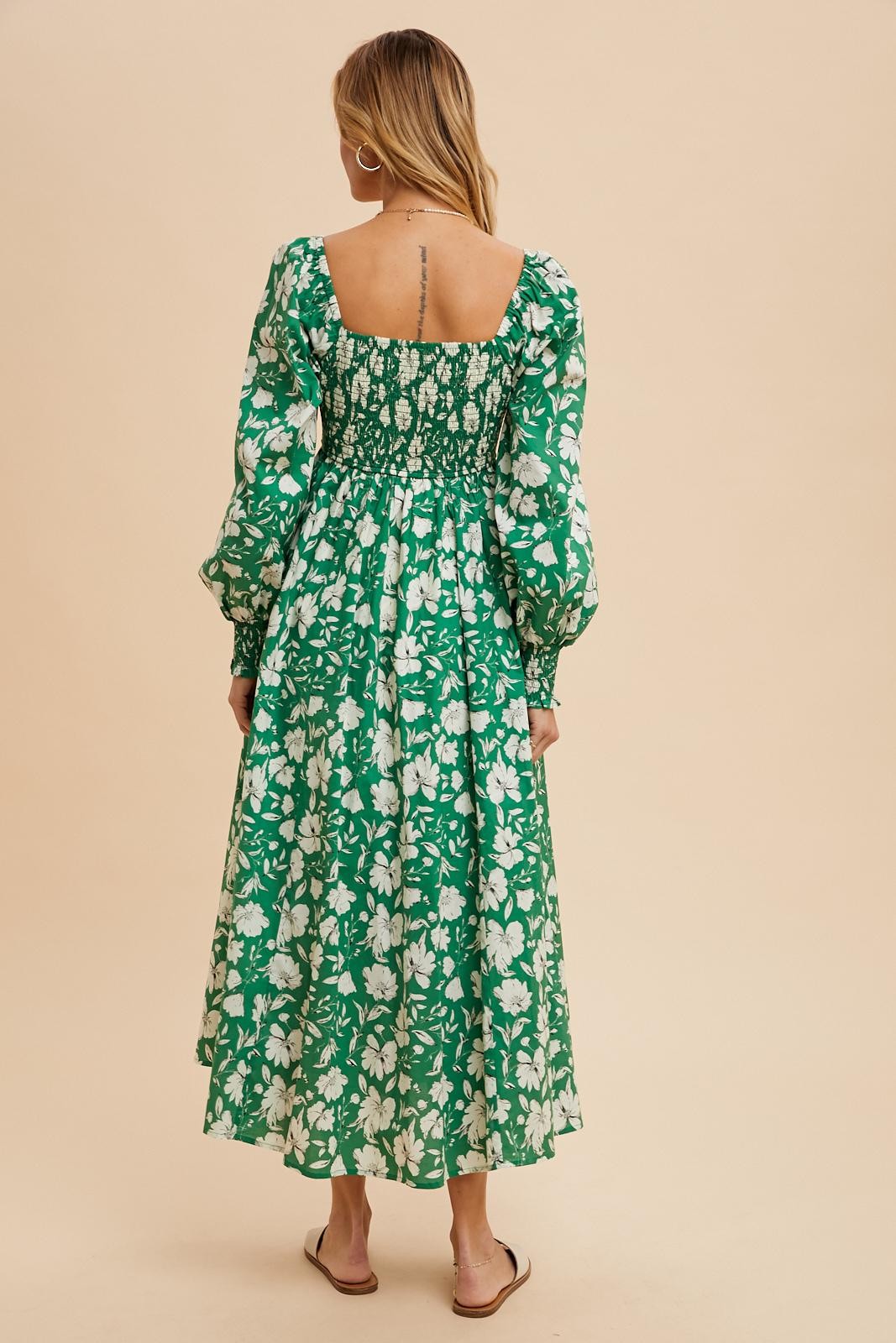 Green Smocked Cotton Floral Maxi Dress