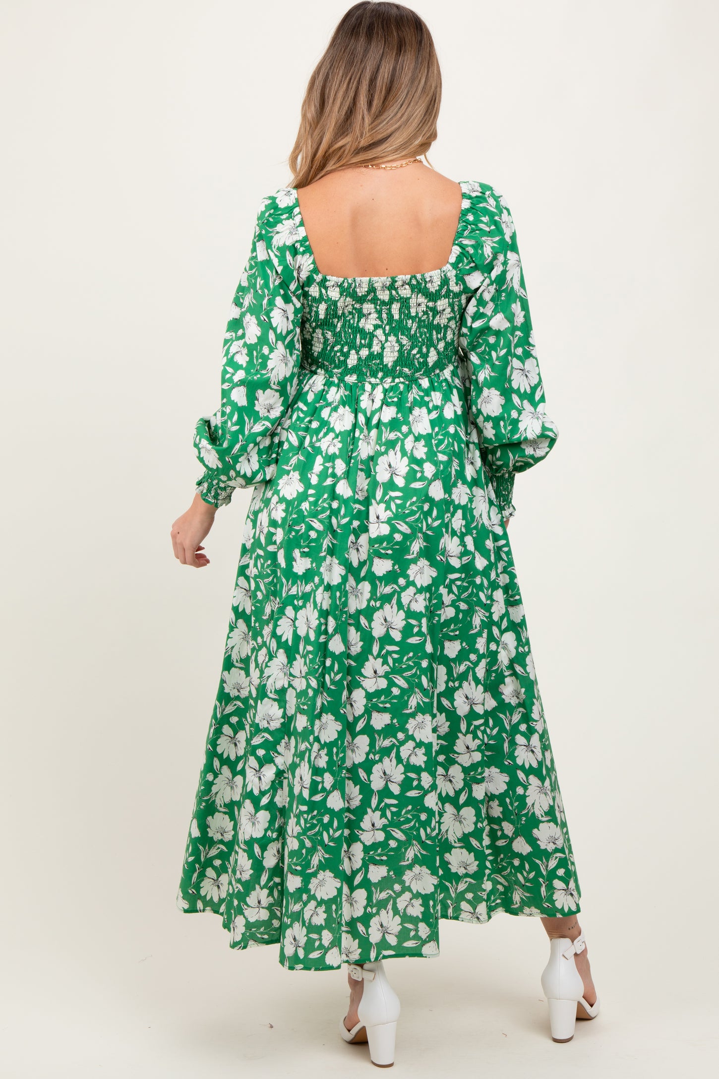 Green Smocked Cotton Floral Maternity Maxi Dress