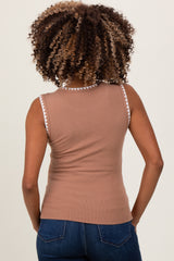 Mocha Ribbed Contrast Embroidered Sleeveless Maternity Top