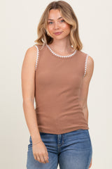 Mocha Ribbed Contrast Embroidered Sleeveless Maternity Top
