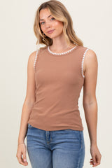 Black Ribbed Contrast Embroidered Sleeveless Top