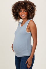 Blue Ribbed Contrast Embroidered Sleeveless Maternity Top