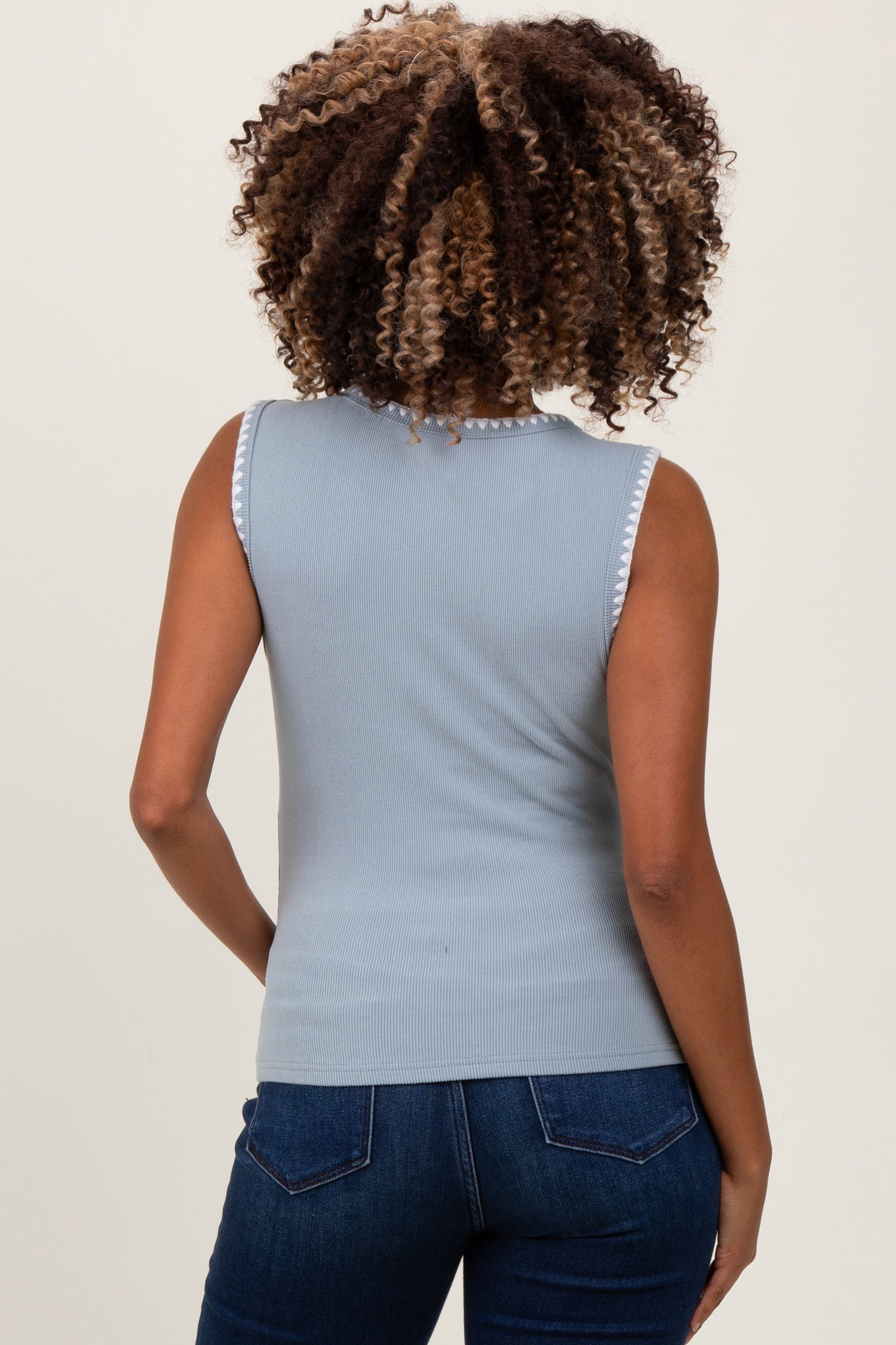 Blue Ribbed Contrast Embroidered Sleeveless Maternity Top
