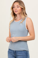 Blue Ribbed Contrast Embroidered Sleeveless Top