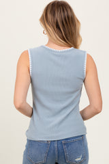 Blue Ribbed Contrast Embroidered Sleeveless Top