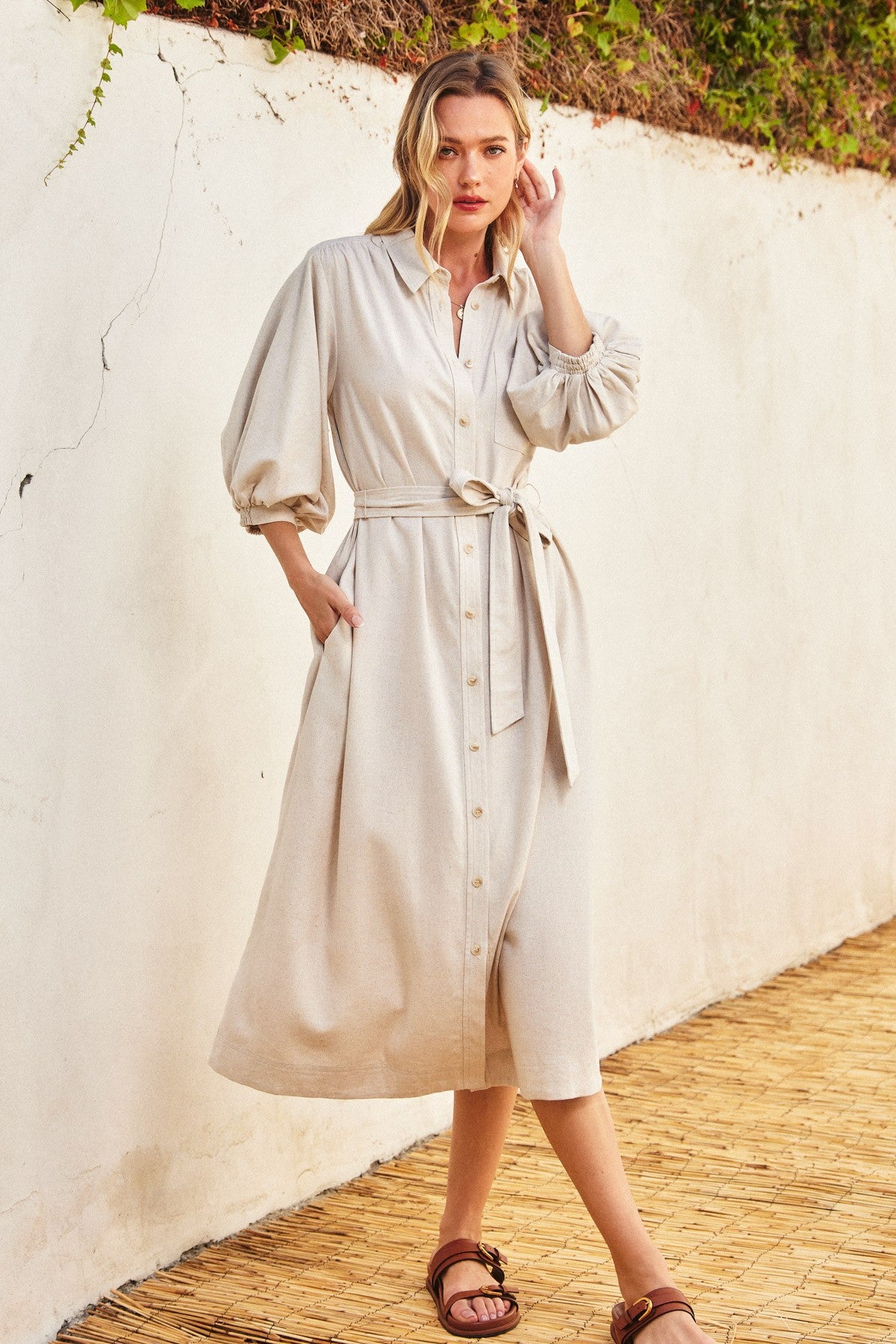 beige midi shirt dress Beige 3/4 Bubble Sleeve Midi Shirt Dress