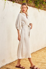 Beige 3/4 Bubble Sleeve Midi Shirt Dress