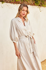 Beige 3/4 Bubble Sleeve Midi Shirt Dress