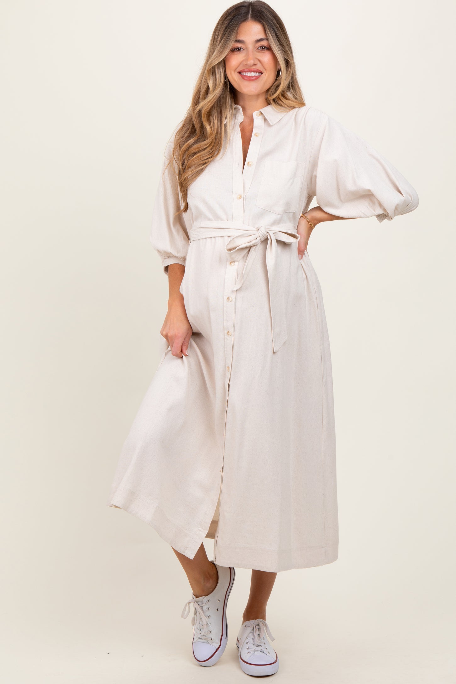 Beige 3/4 Bubble Sleeve Maternity Midi Shirt Dress Beige 3/4 Bubble Sleeve Maternity Midi Shirt Dress