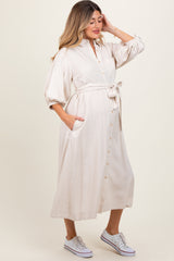 Beige 3/4 Bubble Sleeve Maternity Midi Shirt Dress