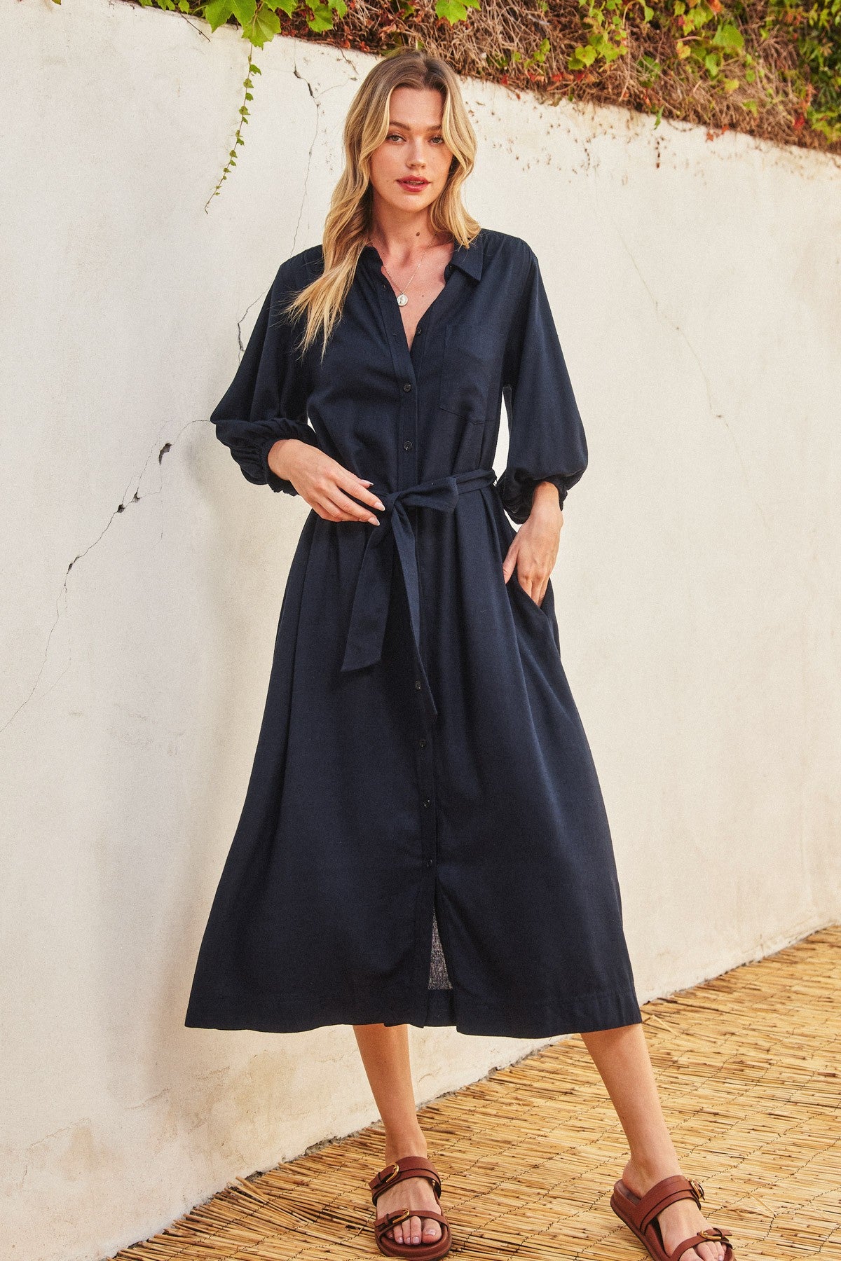Navy 3/4 Bubble Sleeve Midi Shirt Dress, image size:1200x1800