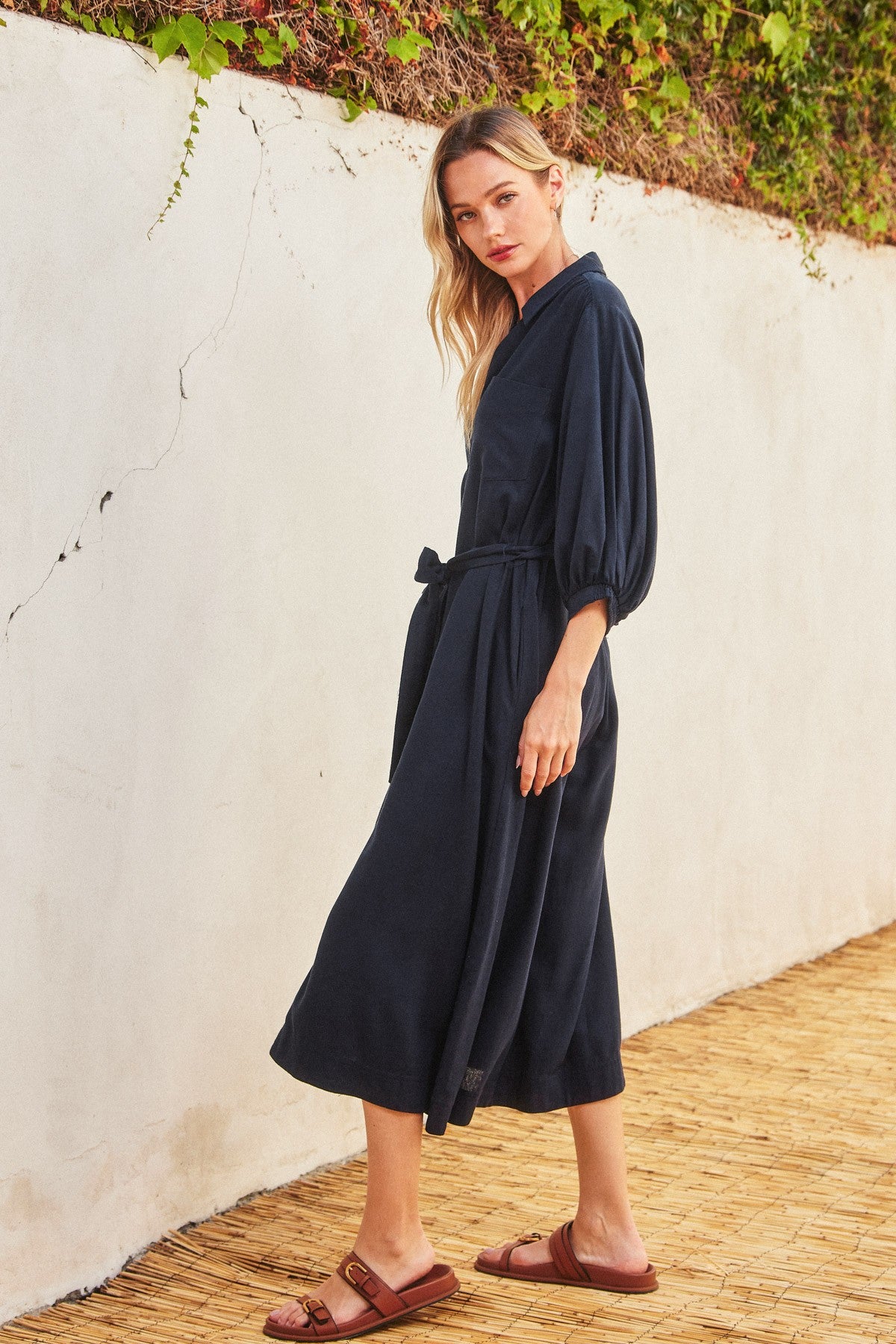 navy long sleeve midi dress Roland Mouret Collar Satin Crepe Navy Featuring long sleeves and a flattering fitted silhouette Lurha Women's Deep Navy Satin