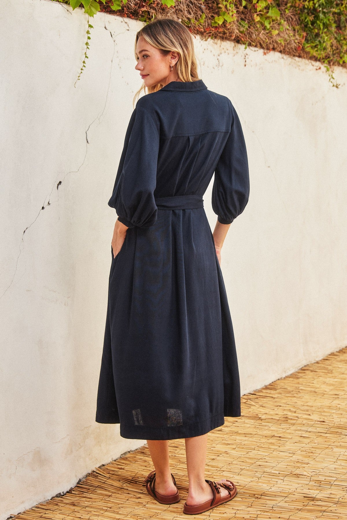 Navy 3/4 Bubble Sleeve Midi Shirt Dress – PinkBlush