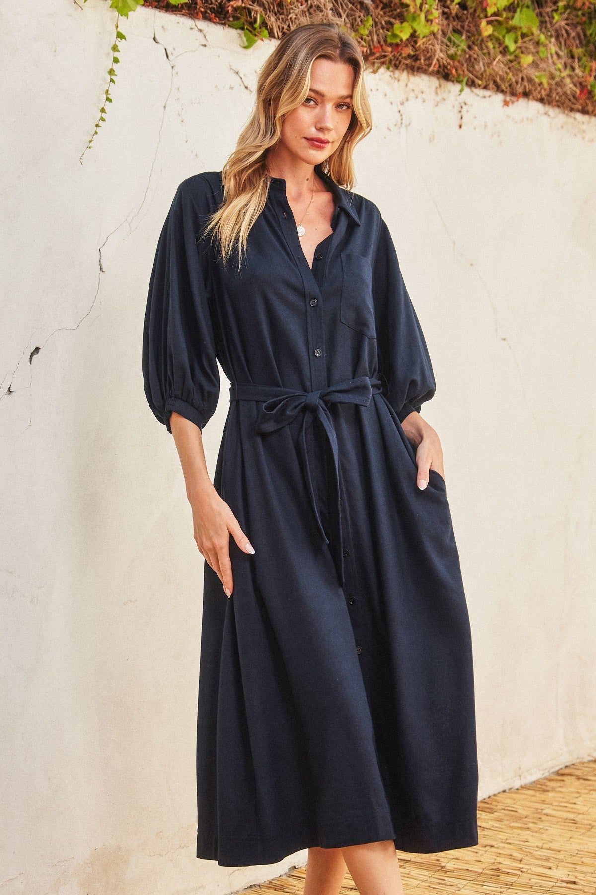 Navy 3/4 Bubble Sleeve Midi Shirt Dress – PinkBlush Navy 3/4 Bubble Sleeve Midi Shirt Dress – PinkBlush