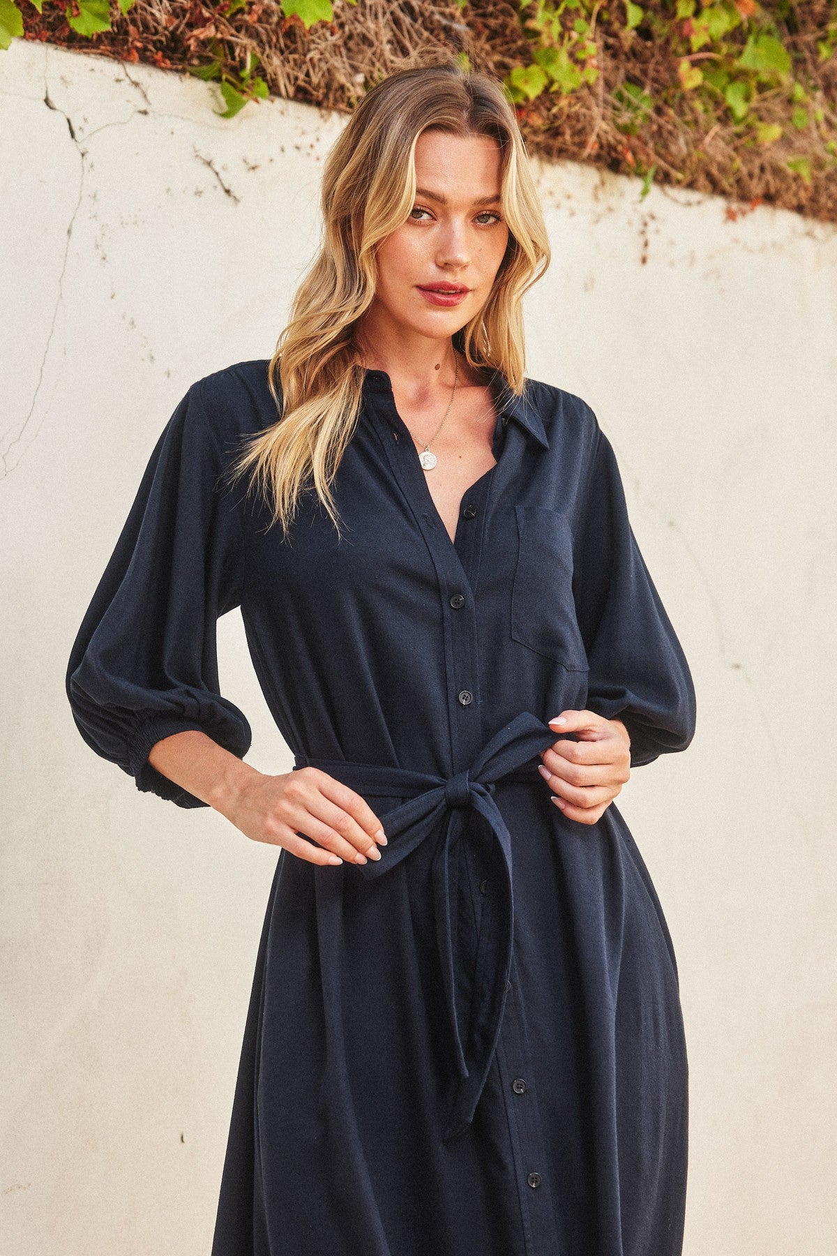 Navy 3/4 Bubble Sleeve Midi Shirt Dress – PinkBlush Navy 3/4 Bubble Sleeve Midi Shirt Dress – PinkBlush