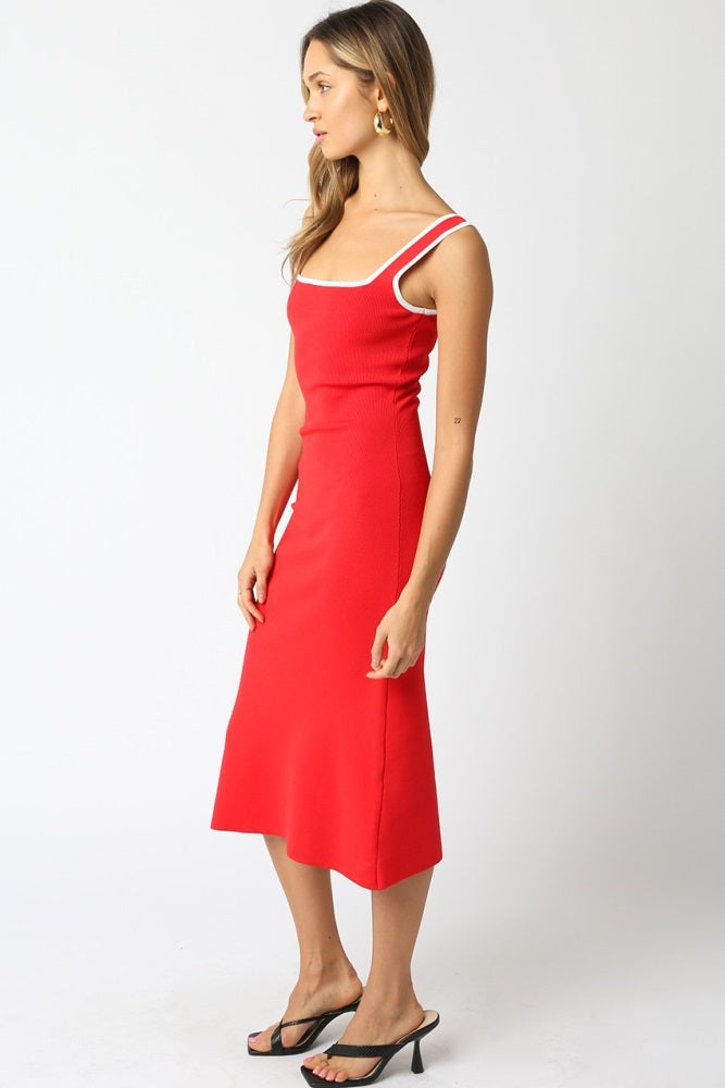 Red Knit Contrast Trim Square Neck Midi Dress Red Knit Contrast Trim Square Neck Midi Dress