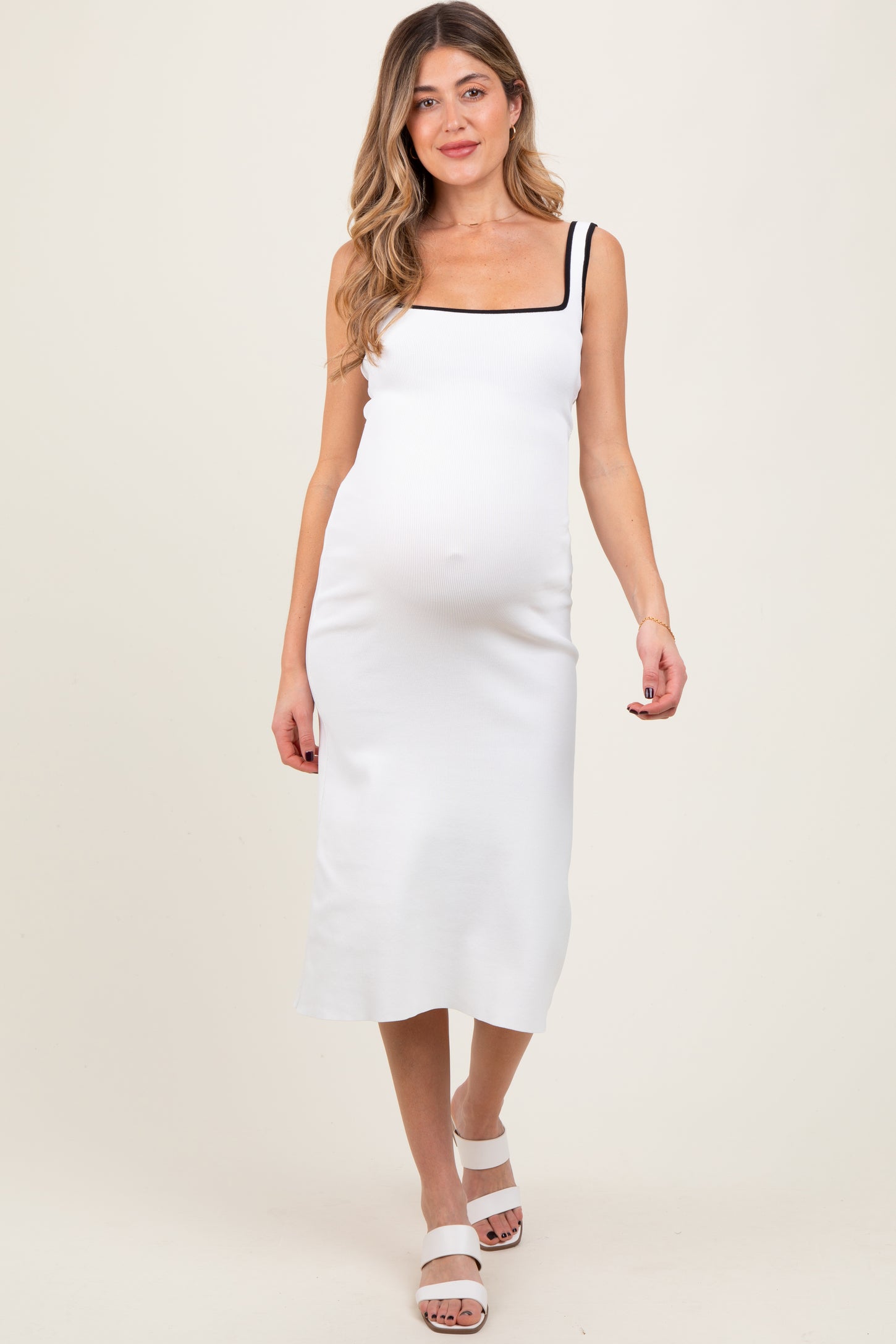 White Knit Contrast Trim Square Neck Maternity Midi Dress