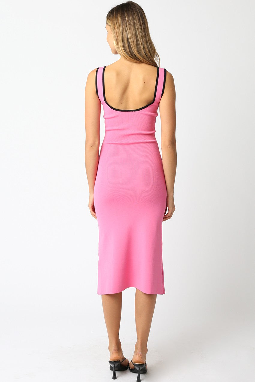 Pink Knit Contrast Trim Square Neck Midi Dress