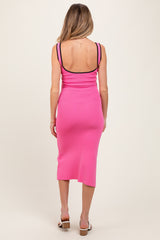 Pink Knit Contrast Trim Square Neck Maternity Midi Dress