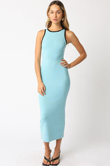 Light Blue Knit Contrast Trim Maternity Midi Dress