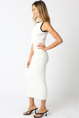 White Knit Contrast Trim Midi Dress