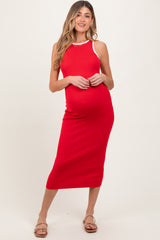 Red Knit Contrast Trim Maternity Midi Dress