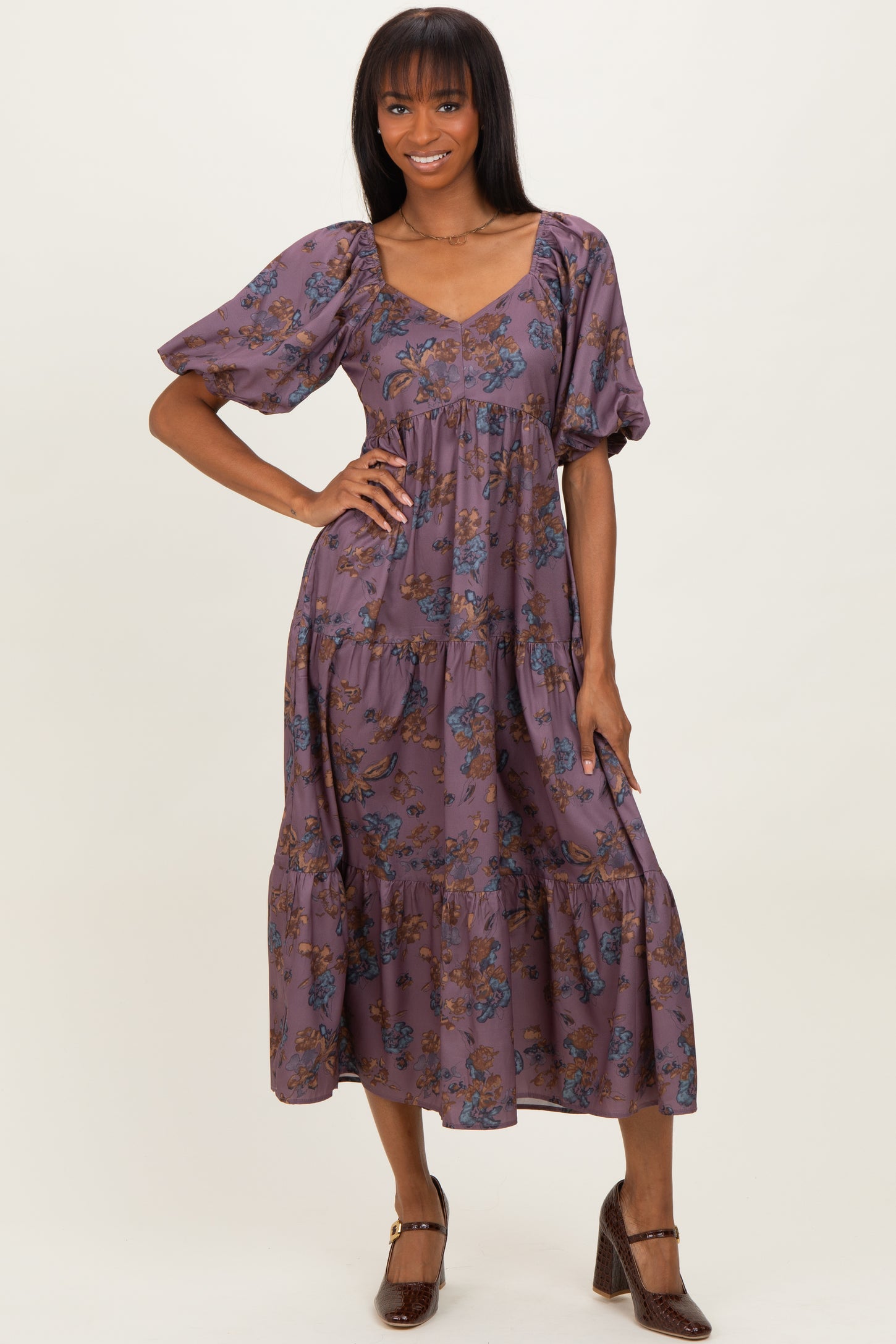 Dark Mauve Floral Bubble Sleeve Tiered Maxi Dress