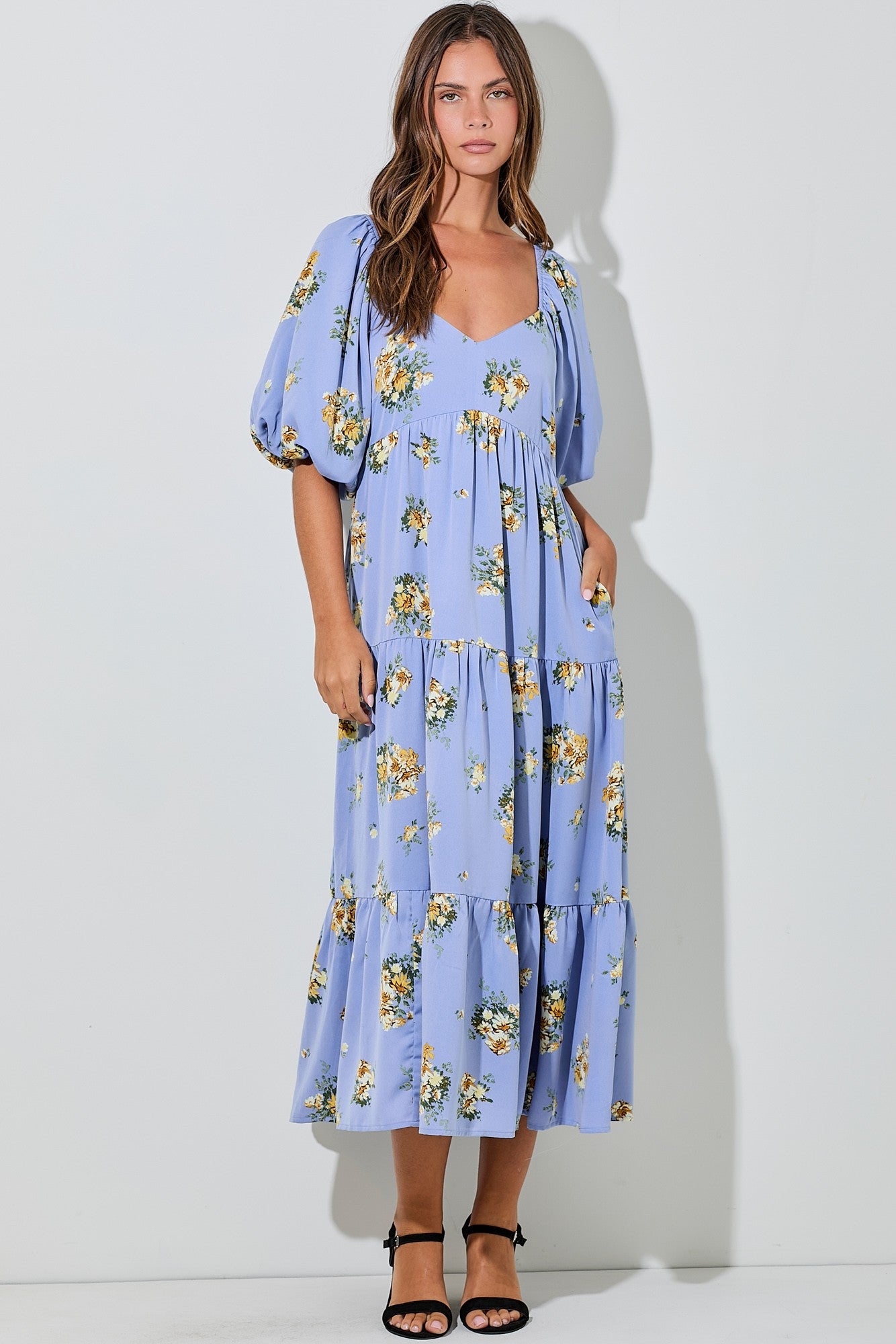 Light Blue Floral Puff Sleeve Tiered Maxi Dress – PinkBlush