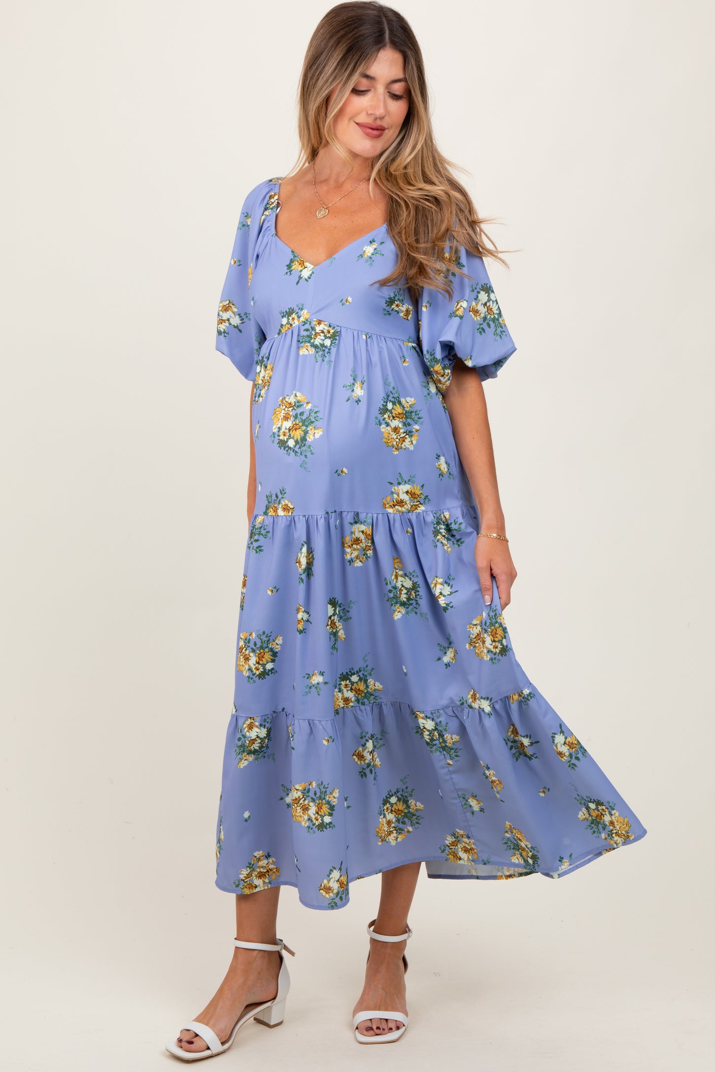 light blue puff sleeve maxi dress Light Blue Floral Puff Sleeve Maternity Tiered Maxi Dress
