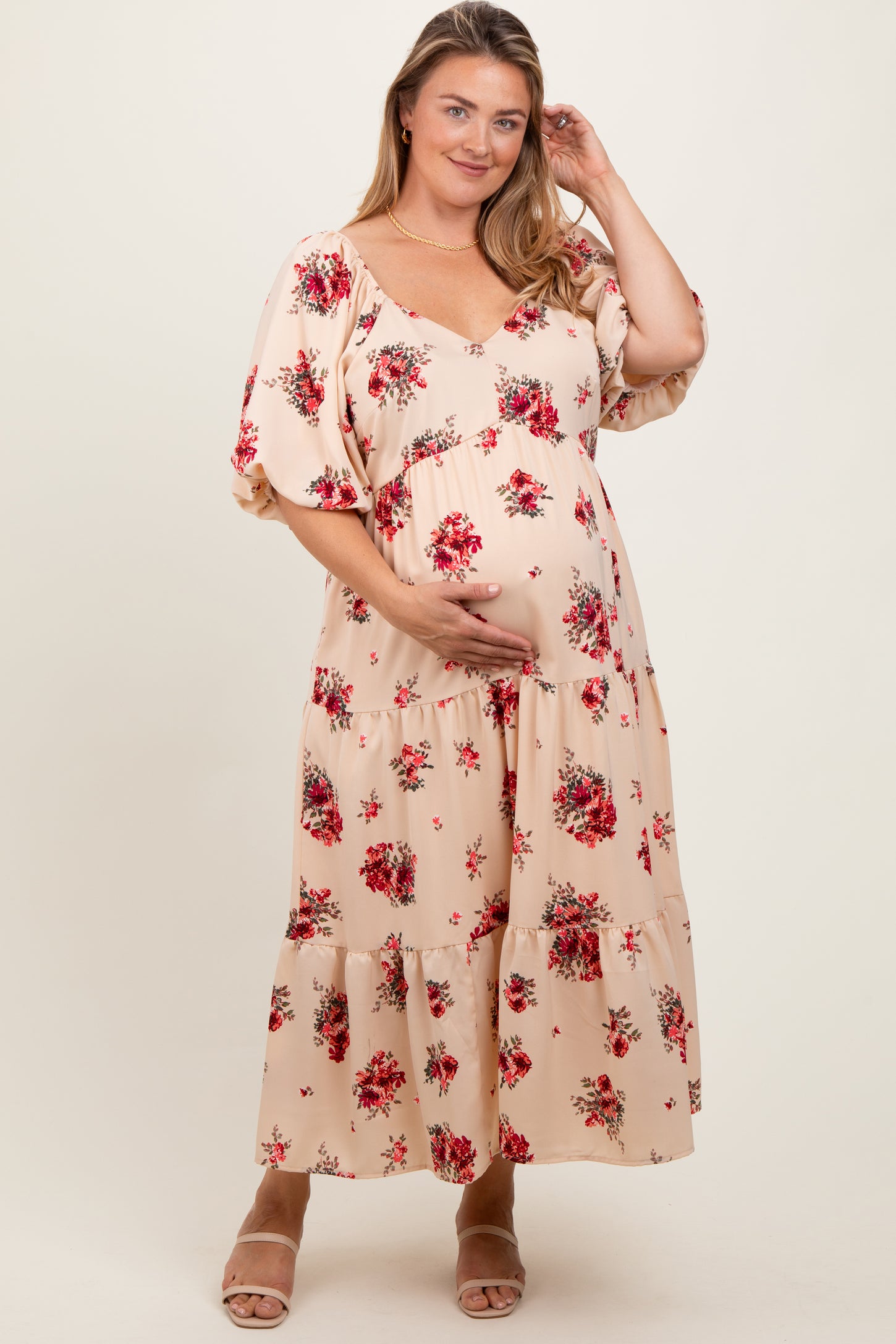 Cream Floral Puff Sleeve Maternity Plus Tiered Maxi Dress