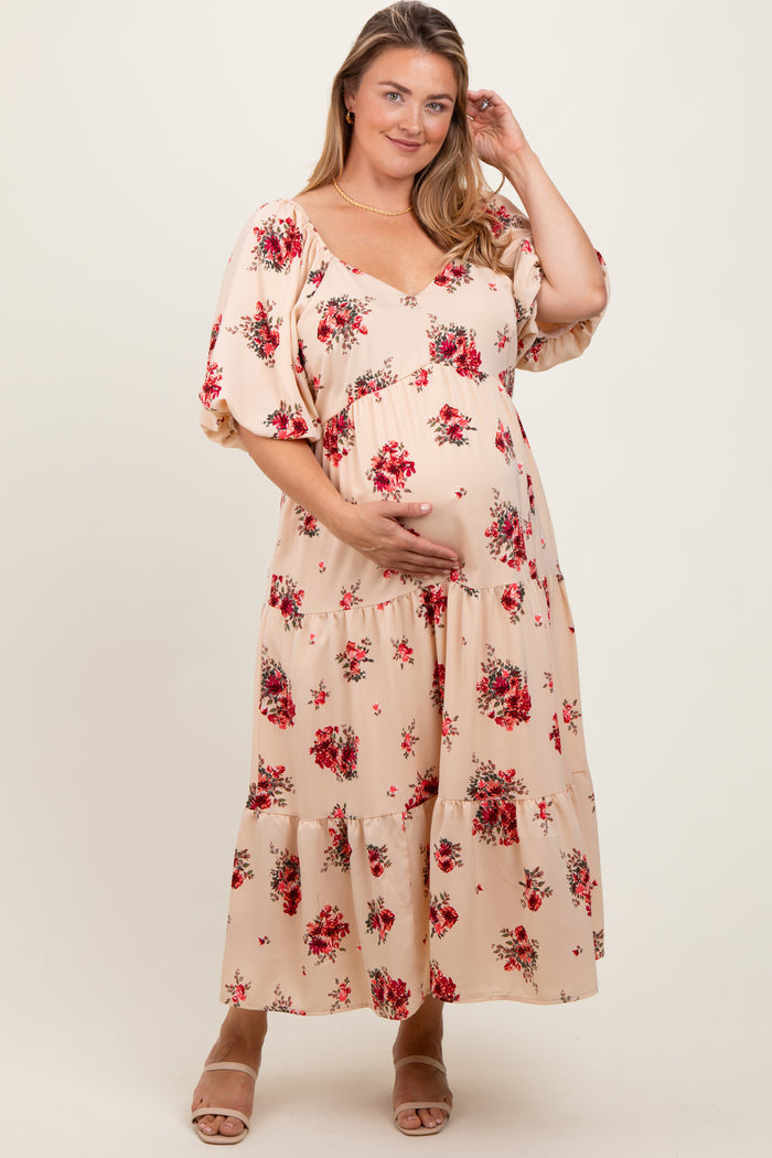 Cream Floral Puff Sleeve Maternity Plus Tiered Maxi Dress