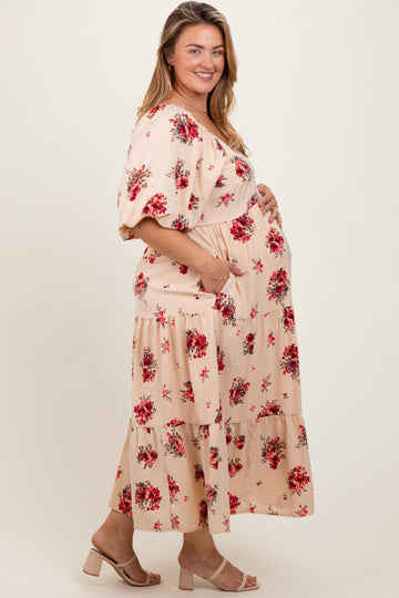 Cream Floral Puff Sleeve Maternity Plus Tiered Maxi Dress