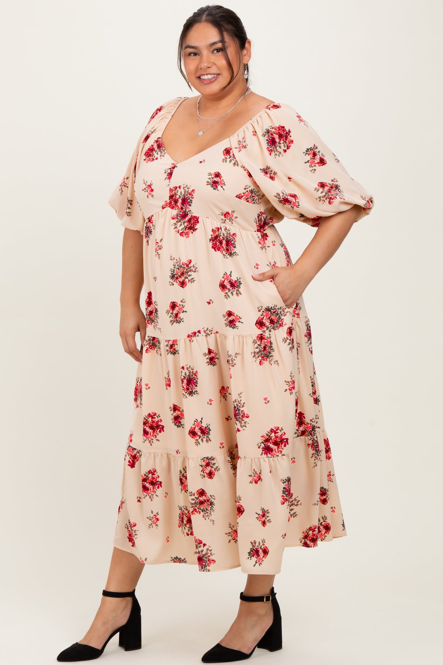 Cream Floral Puff Sleeve Plus Tiered Maxi Dress