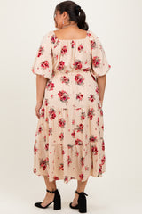 Cream Floral Puff Sleeve Plus Tiered Maxi Dress