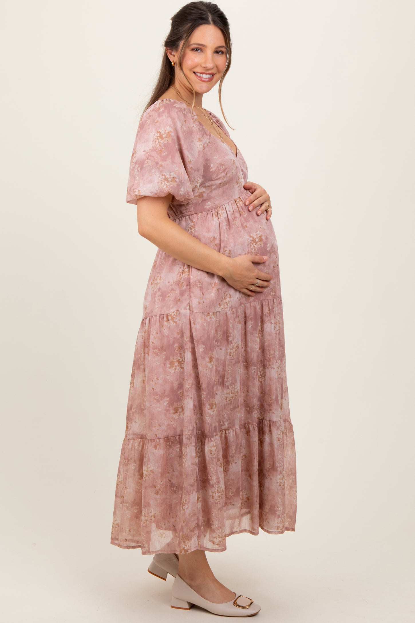 Mauve Watercolor Floral Puff Sleeve Tiered Maternity Maxi Dress
