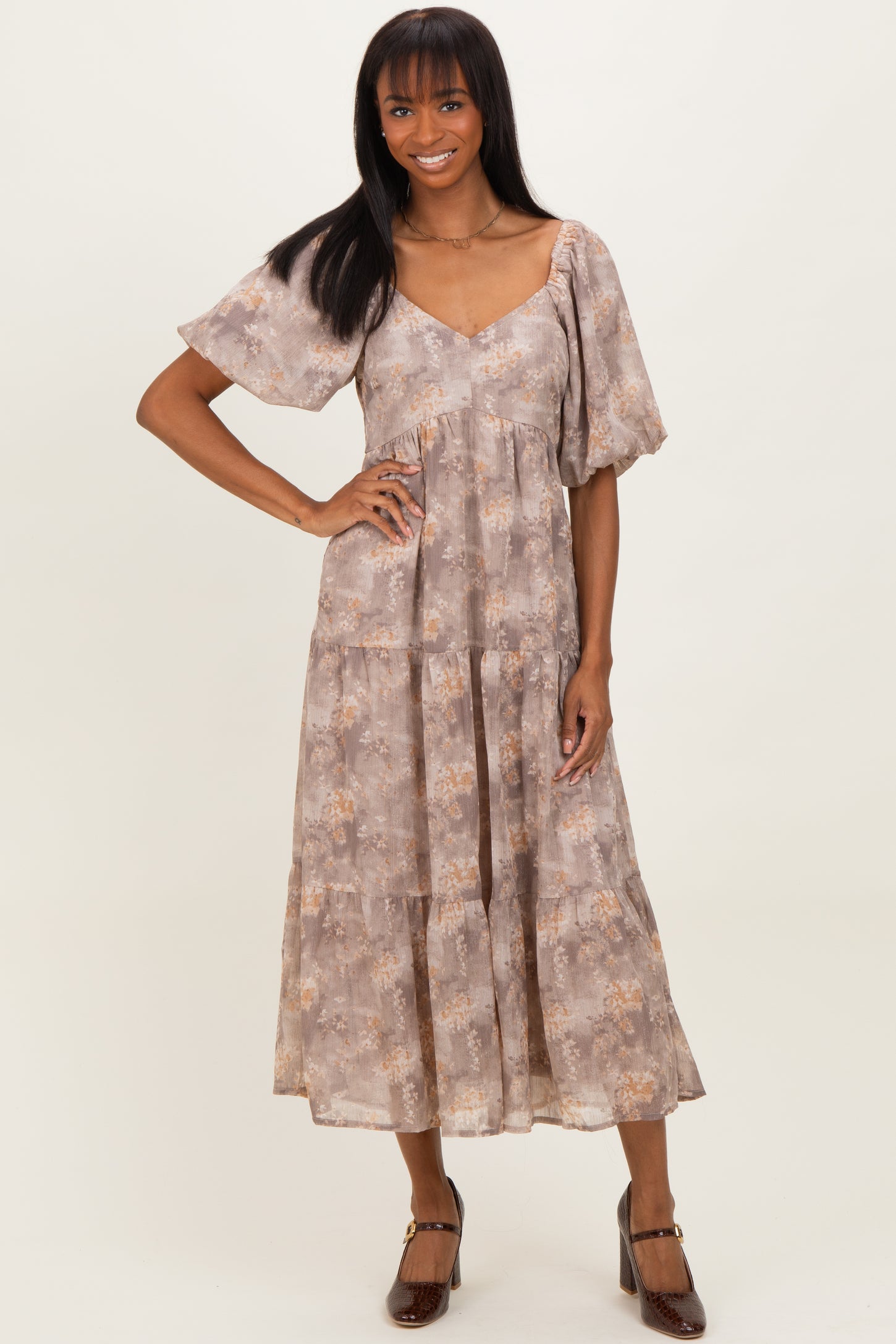 Light Taupe Watercolor Floral Puff Sleeve Tiered Maternity Maxi Dress