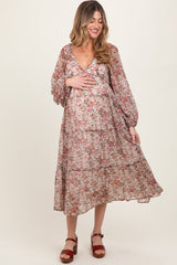Cream Floral Deep V-Neck Tiered Maternity Maxi Dress