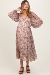 Cream Floral Deep V-Neck Tiered Maternity Maxi Dress