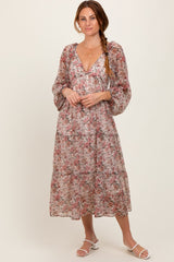 Cream Floral Deep V-Neck Tiered Maxi Dress