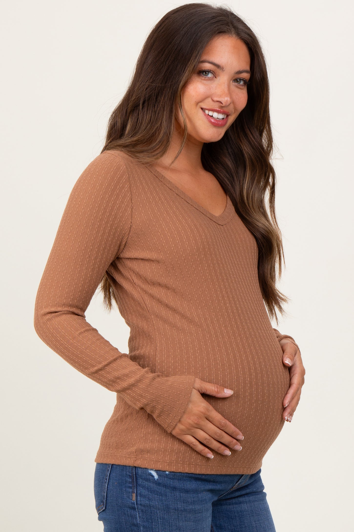 Camel Ribbed V-Neck Long Sleeve Maternity Top