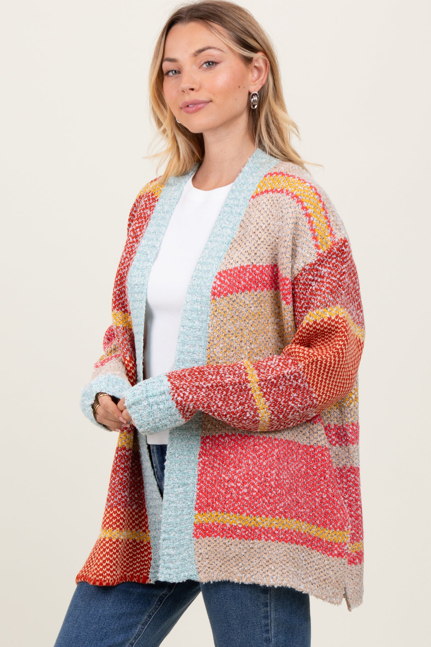 Orange Colorblock Stripe Oversized Open Cardigan