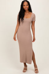 Mocha Ribbed Knit Back Tie Side Slit Midi Dress