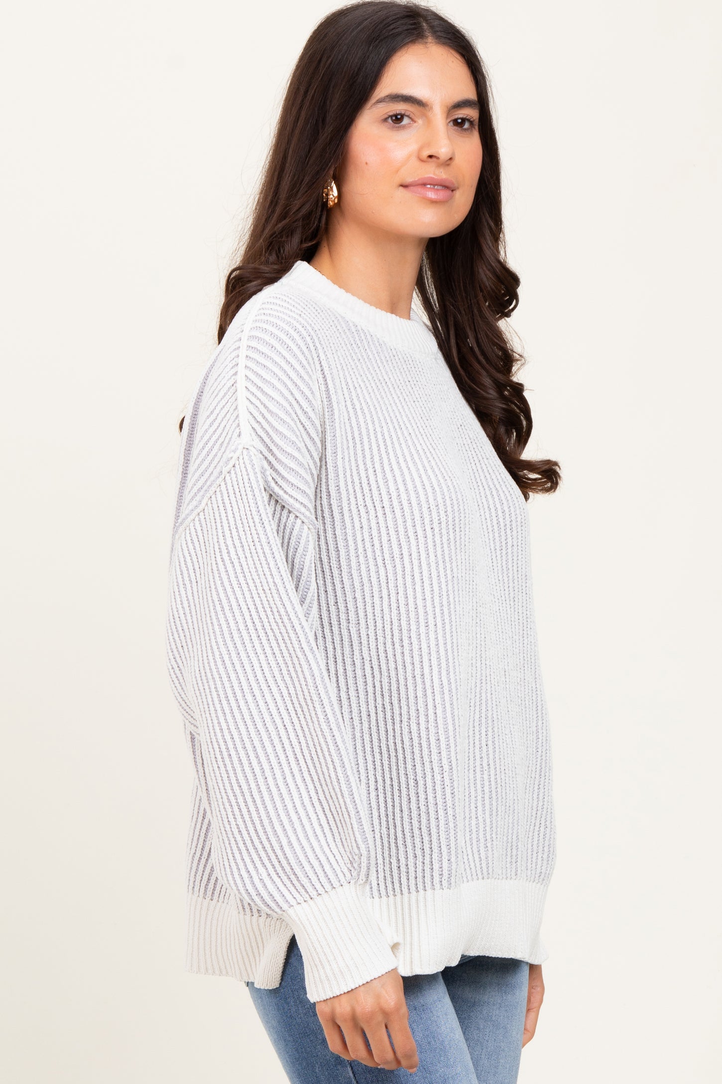 Grey Ribbed Balloon Sleeve Sweater