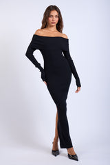 Black Ribbed Knit Off Shoulder Side Slit Maternity Sweater Dress