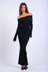Black Ribbed Knit Off Shoulder Side Slit Sweater Dress