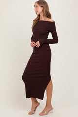 Brown Ribbed Knit Off Shoulder Side Slit Sweater Dress