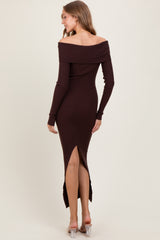 Brown Ribbed Knit Off Shoulder Side Slit Sweater Dress