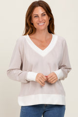 Beige Colorblock V-Neck Pullover Top