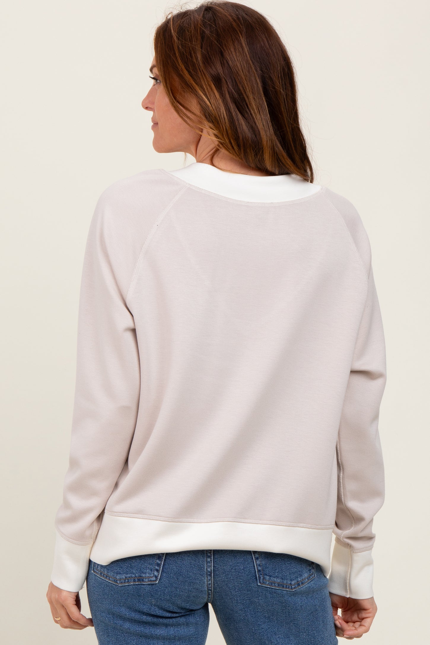 Beige Colorblock V-Neck Pullover Top